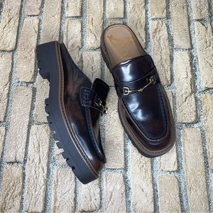 Sam Edelman Dark Brown Leather Slip-On Loafers with Gold Hardware